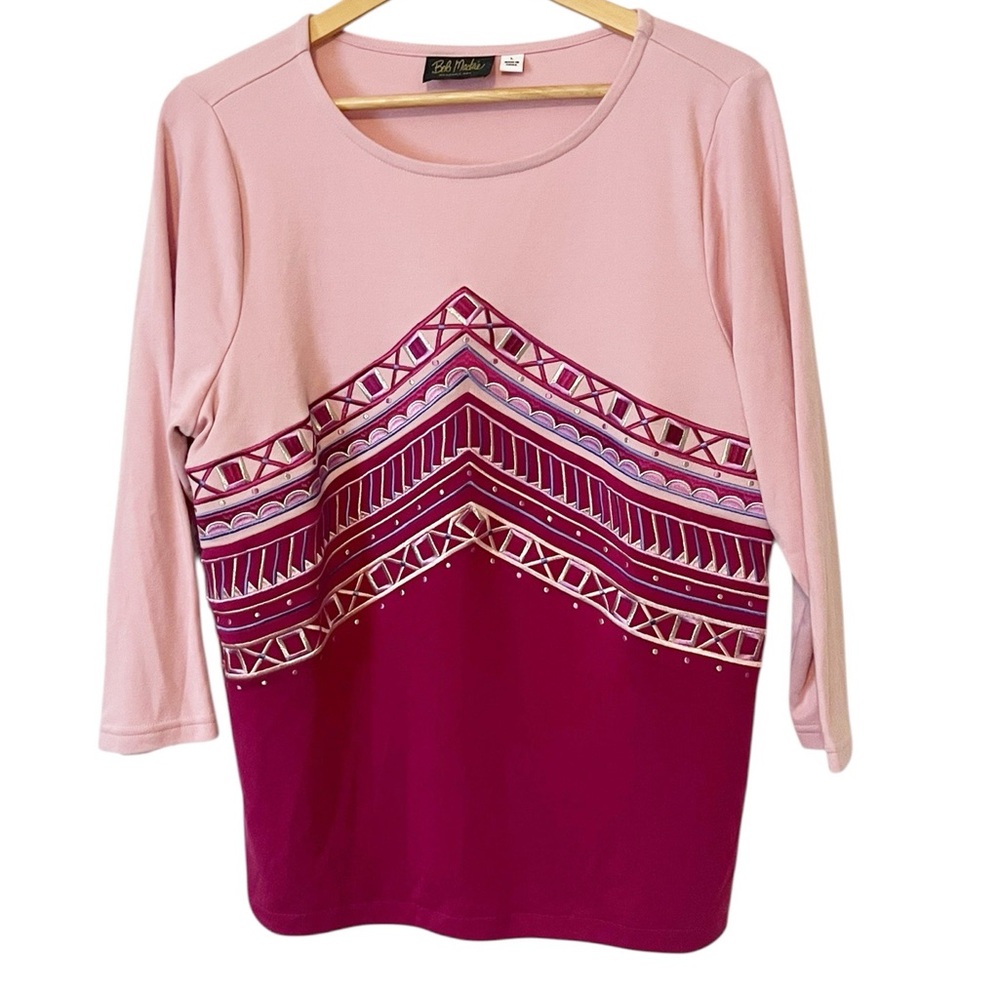 Bob Mackie Pink Geometric Embroidered‎ 3/4 Sleeve Blouse Size Large